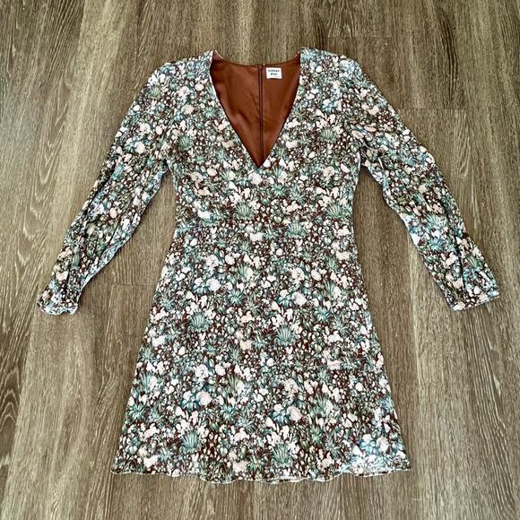 EUC Aritzia Sunday Best Grayson Floral Print Long Sleeve Mini Dress 8 Mocha Teal - Picture 3 of 16